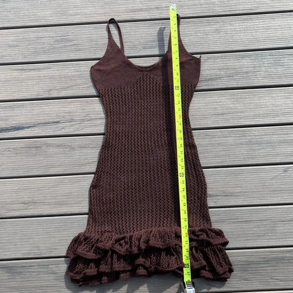 Brown Fishnet; Slip On; Swim Cover Dress; Spaghetti Straps; Ruffled Bottom; L - Picture 4 of 10